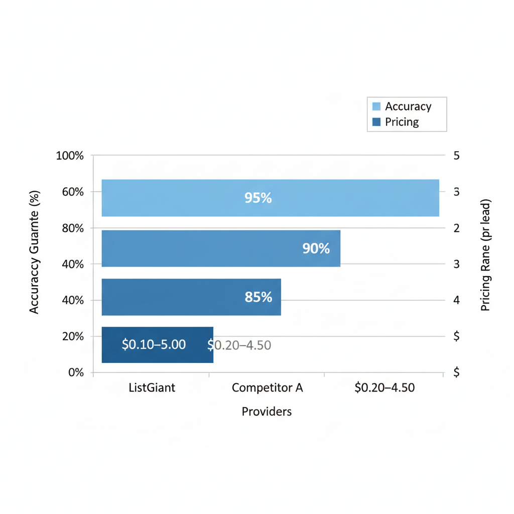 Horizontal bar chart comparing accuracy guarantees and pricing of B2B telemarketing list providers ListGiant, Competitor A, and Competitor B