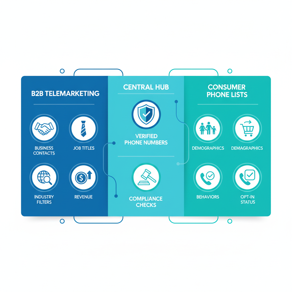 Infographic illustrating B2B and consumer telemarketing lists with key data elements and compliance features