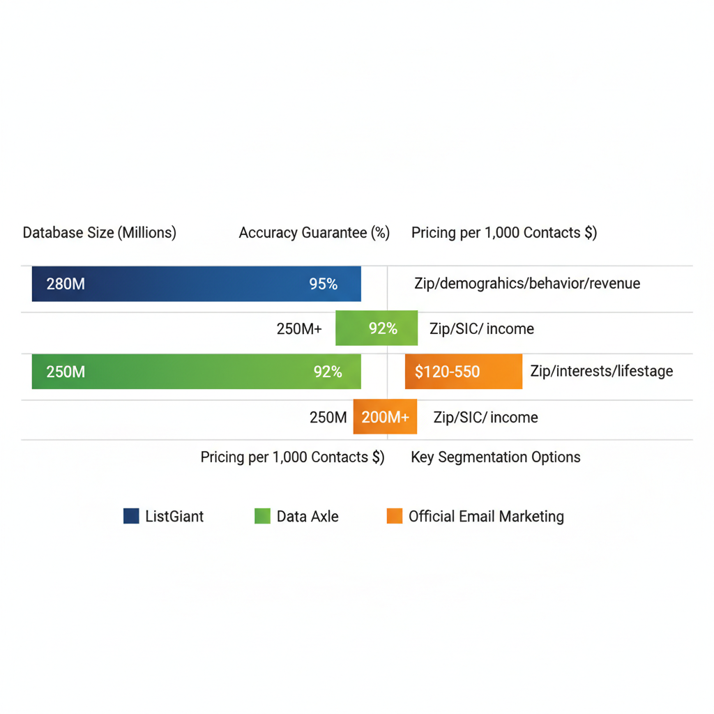 Horizontal bar chart comparing database size, accuracy guarantee, pricing, and segmentation options for ListGiant, Data Axle, and Official Email Marketing zip code list providers