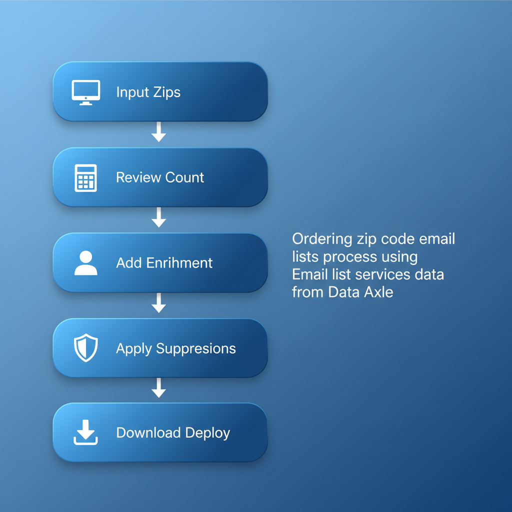 Vertical process flow diagram showing five steps to order zip code email lists: input zips, review count and pricing, add demographics enrichment, apply suppressions and purchase, download or deploy.