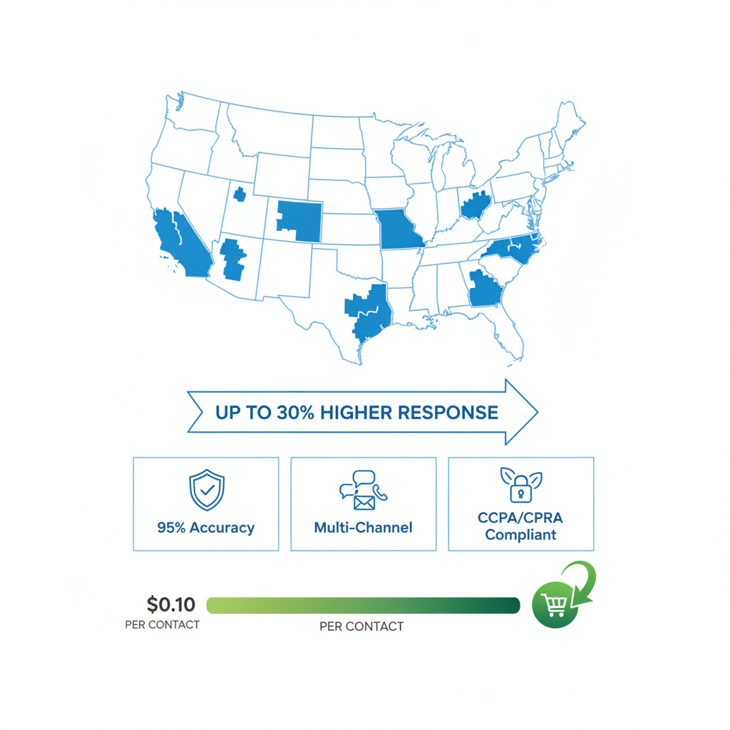 Infographic illustrating geo-targeted email lists benefits including US map highlights, accuracy icons, compliance features, and pricing information.