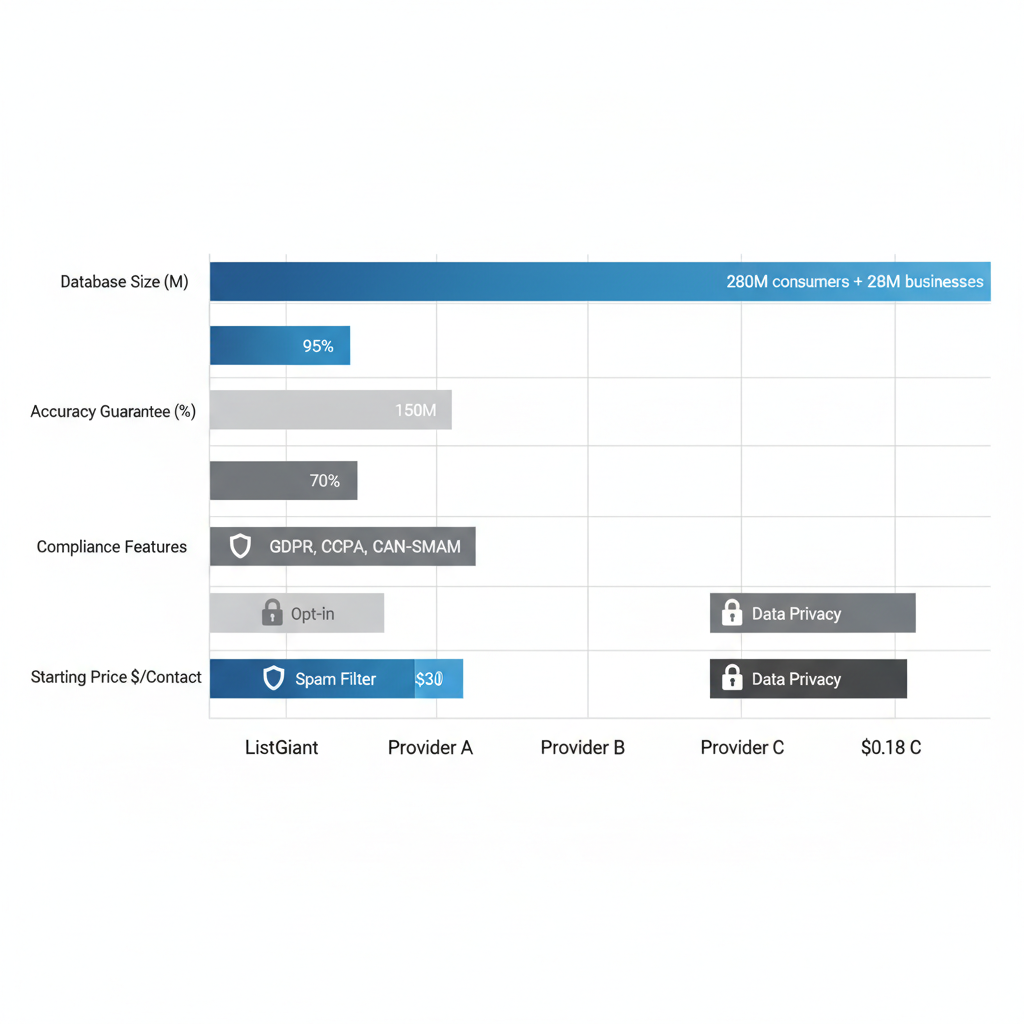Horizontal bar chart comparing email list providers on database size, accuracy, compliance, and price metrics
