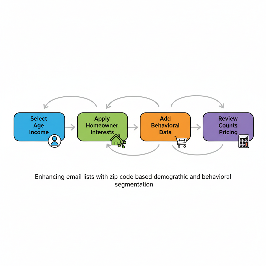Horizontal process flow diagram illustrating steps to add demographic and behavioral segments to marketing lists