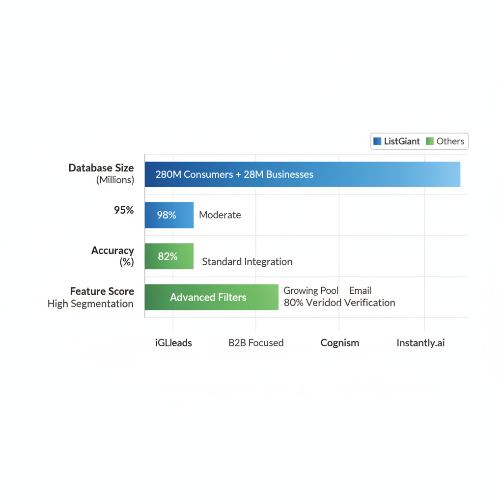 Horizontal bar chart comparing ListGiant and other email list providers on database size, accuracy, and features