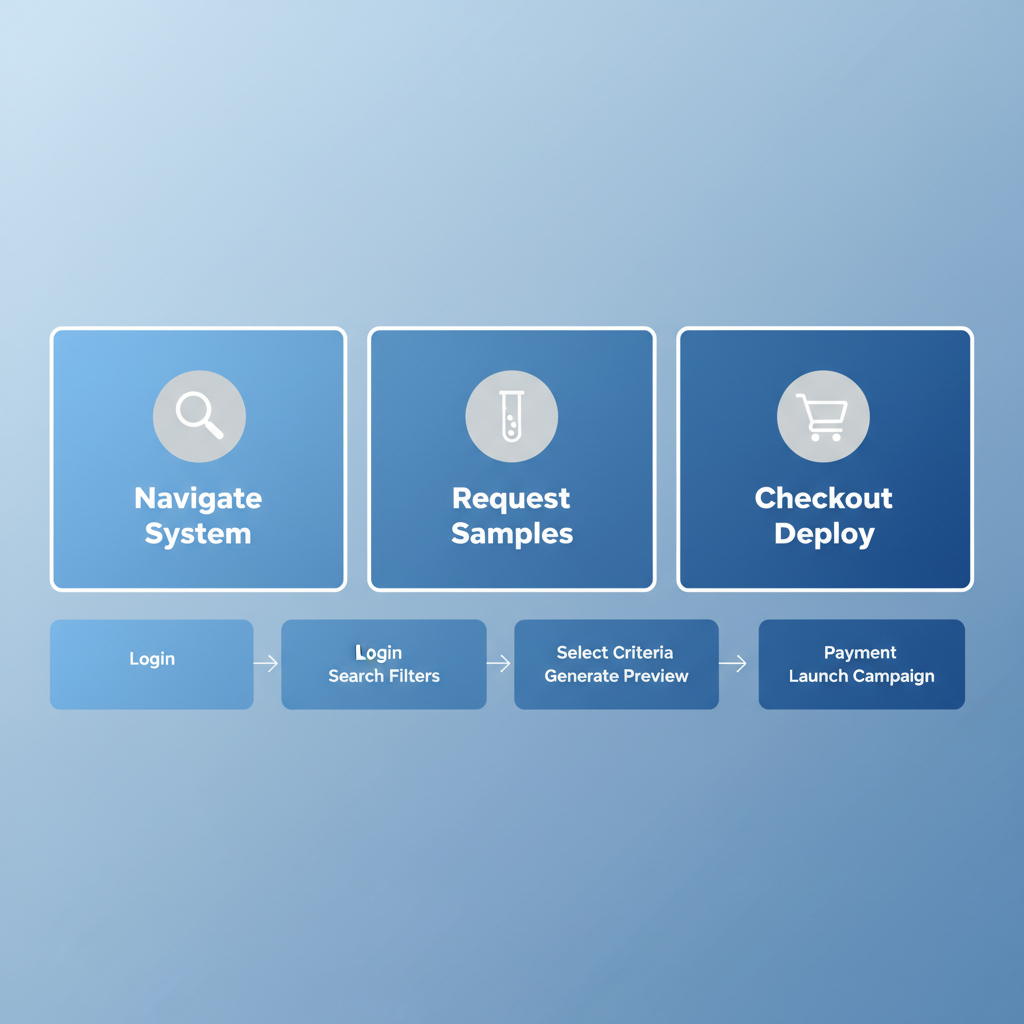 Horizontal process flow diagram showing steps to purchase email lists: navigate system, request samples, and checkout.