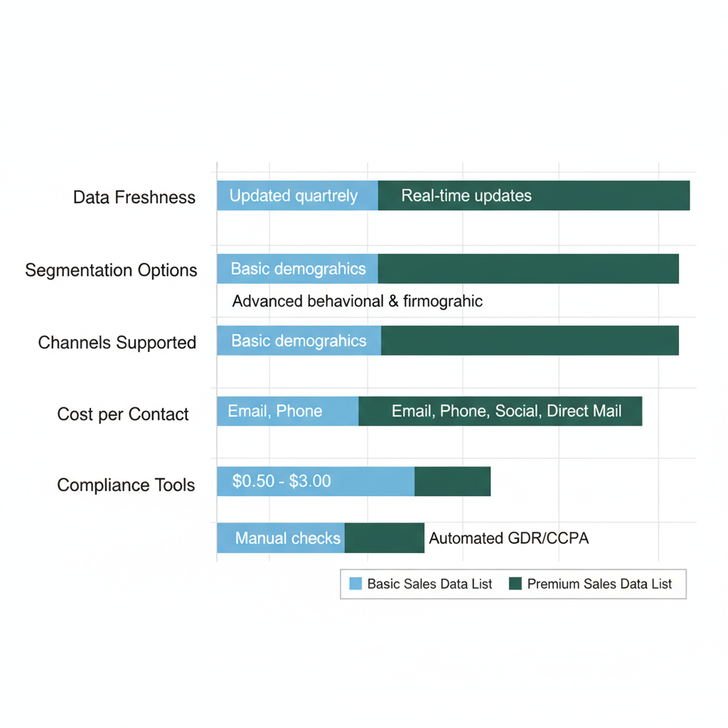 Bar chart comparing features of Basic and Premium Sales Data Lists by freshness, segmentation, channels, cost, and compliance.