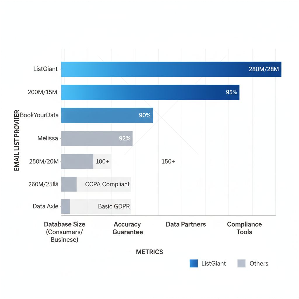 Horizontal bar chart comparing key metrics of email list providers including database size, accuracy, partners, and compliance tools.