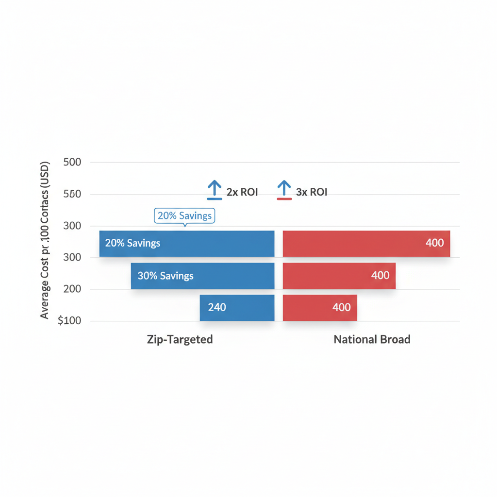 Horizontal bar chart showing cost comparison between zip-targeted and national B2B email lists with ROI icons.