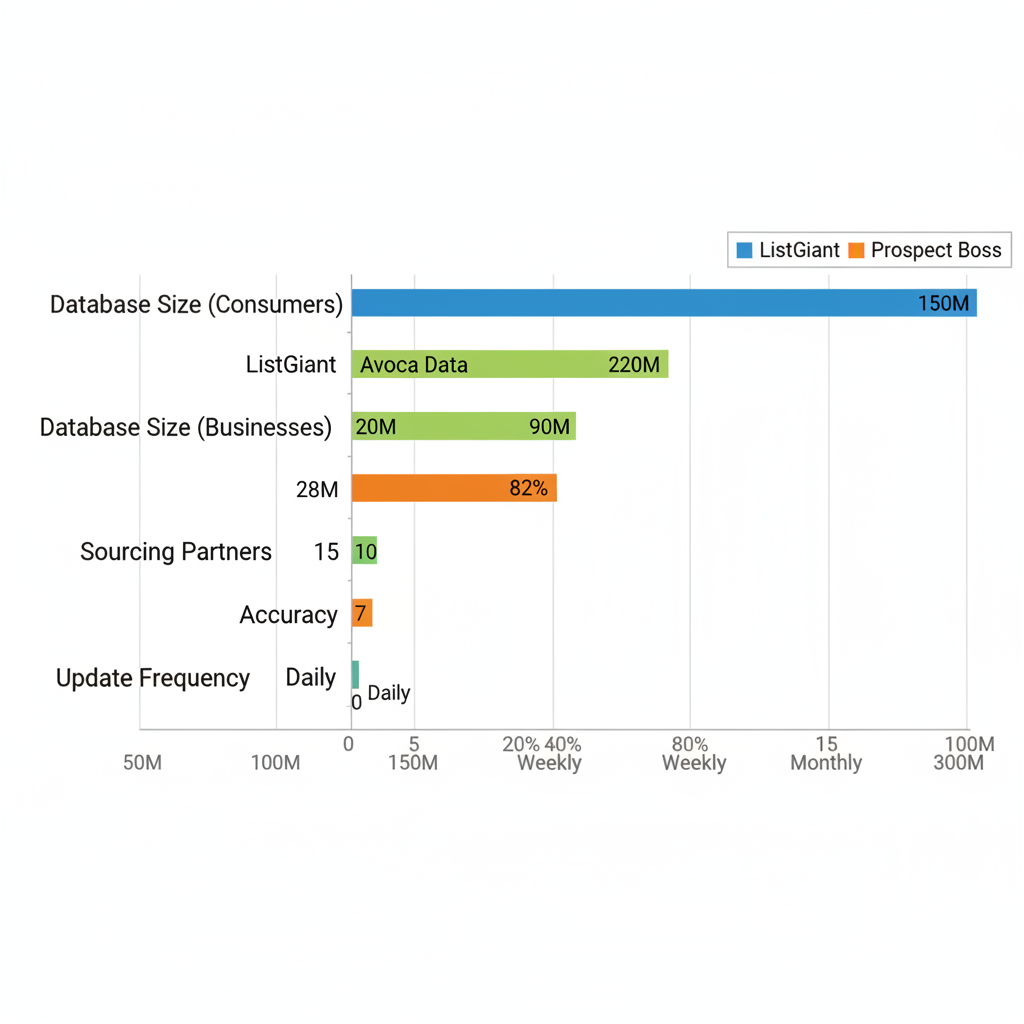 Bar chart comparing database size, sourcing partners, accuracy, and update frequency of sales data list providers ListGiant, Avoca Data, and Prospect Boss