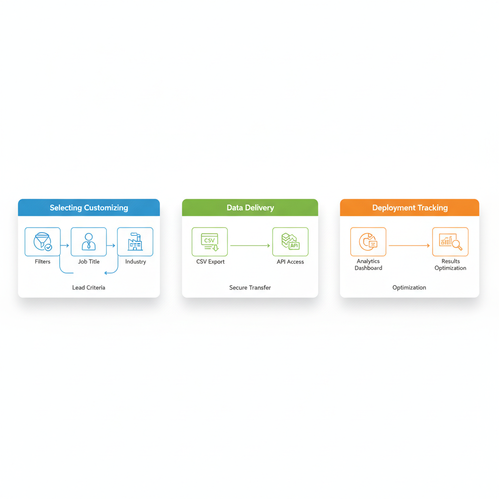 Horizontal process flow diagram illustrating the three main stages of acquiring B2B sales lead lists with icons and labels