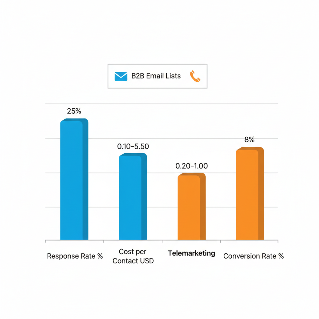 Bar chart comparing B2B email and telemarketing lists by response rate, cost per contact, and conversion rate