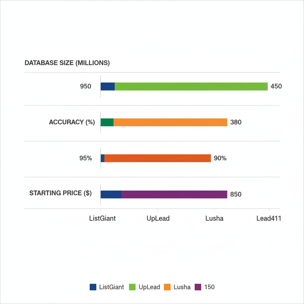 Horizontal bar chart comparing database size, accuracy, and pricing metrics of top sales leads providers including ListGiant, UpLead, Lusha, and Lead411
