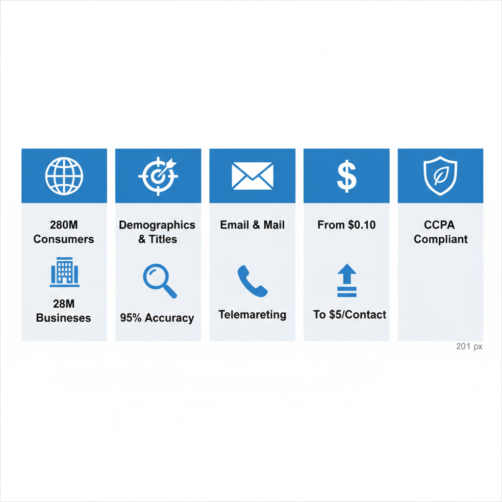 Infographic illustrating ListGiant's sales leads database scale, targeting features, accuracy guarantee, multi-channel services, pricing, and compliance standards