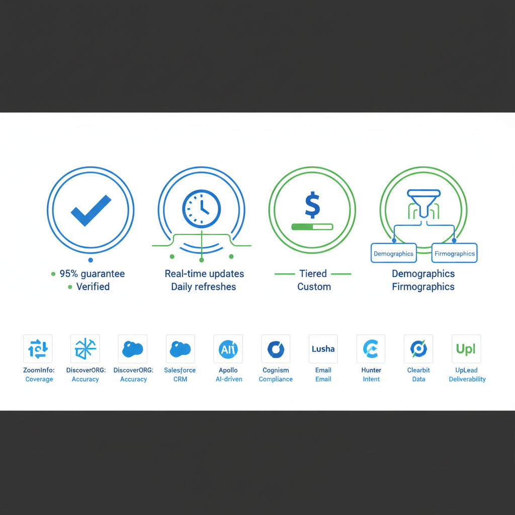 Infographic showing evaluation criteria for top B2B sales leads databases in 2025 with icons for accuracy, updates, pricing, and segmentation