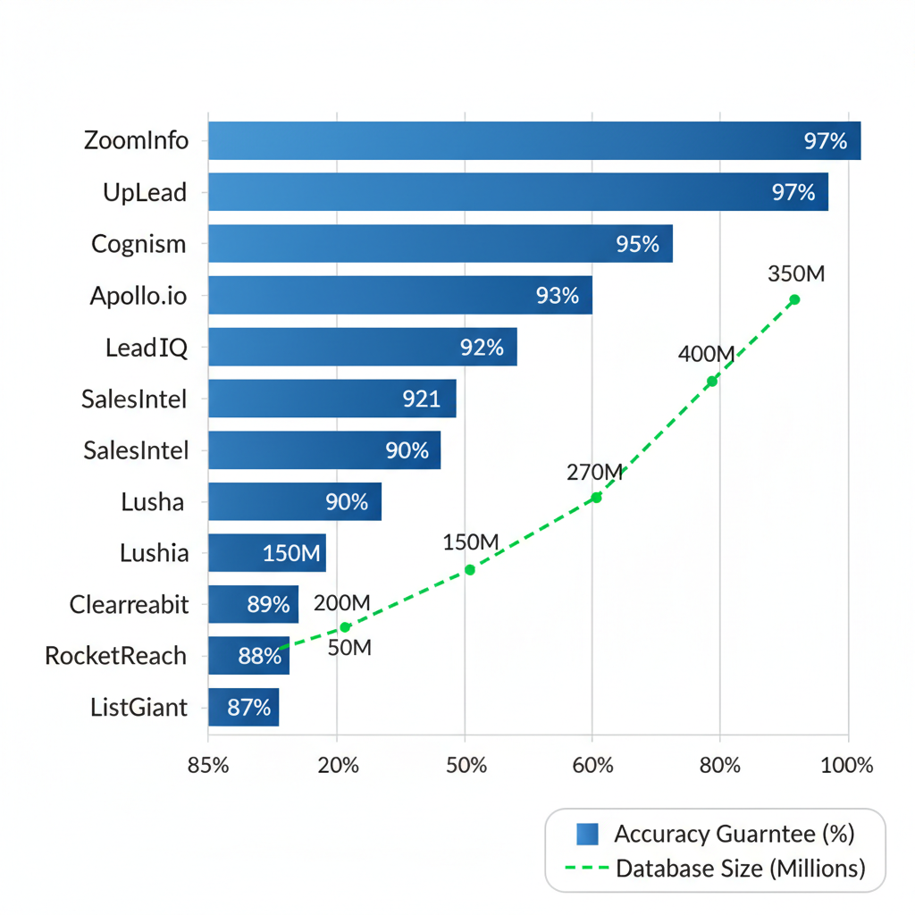 Horizontal bar chart comparing accuracy percentages and database sizes of top B2B sales leads providers