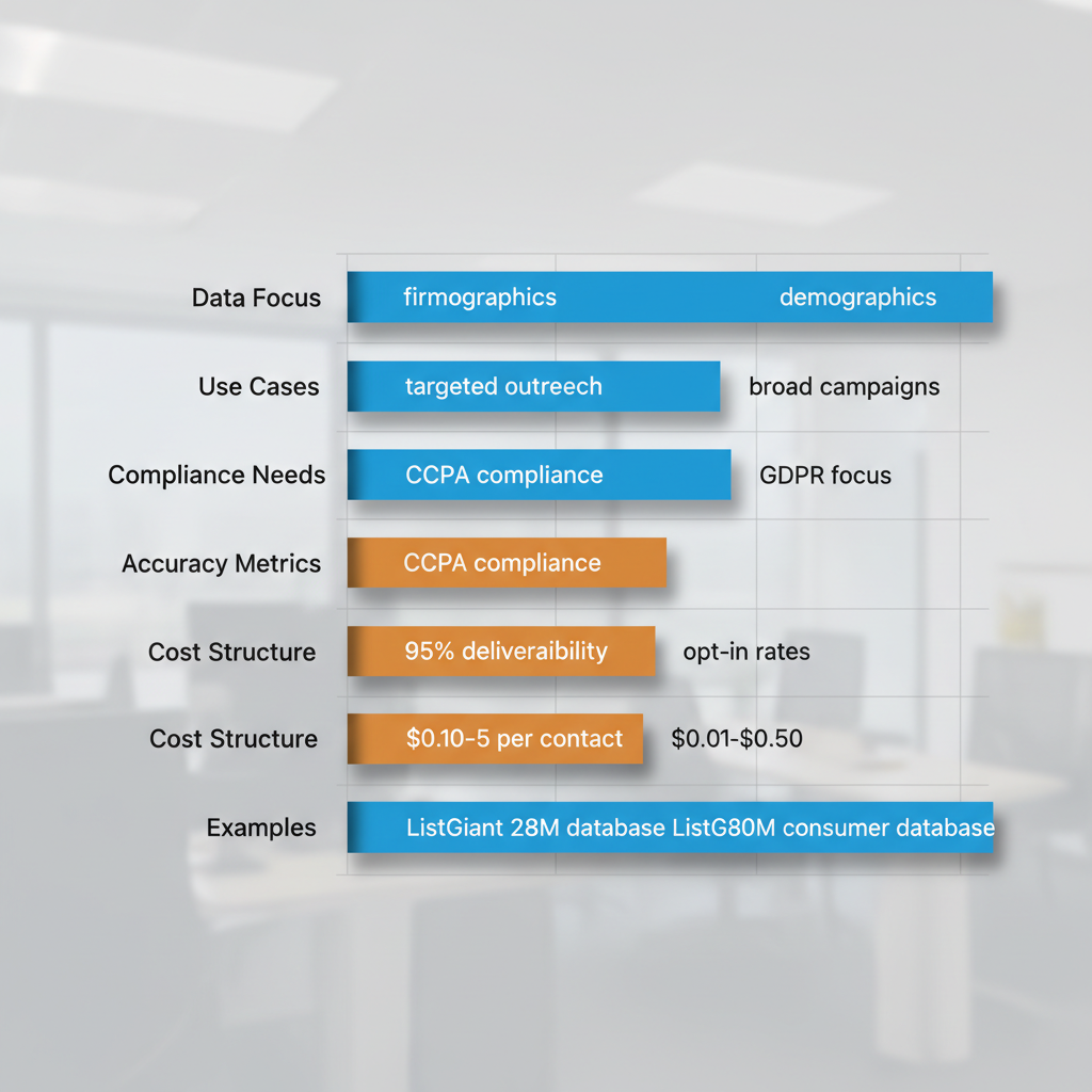 Horizontal bar chart comparing B2B and consumer sales leads across data focus, use cases, compliance, accuracy, costs, and examples