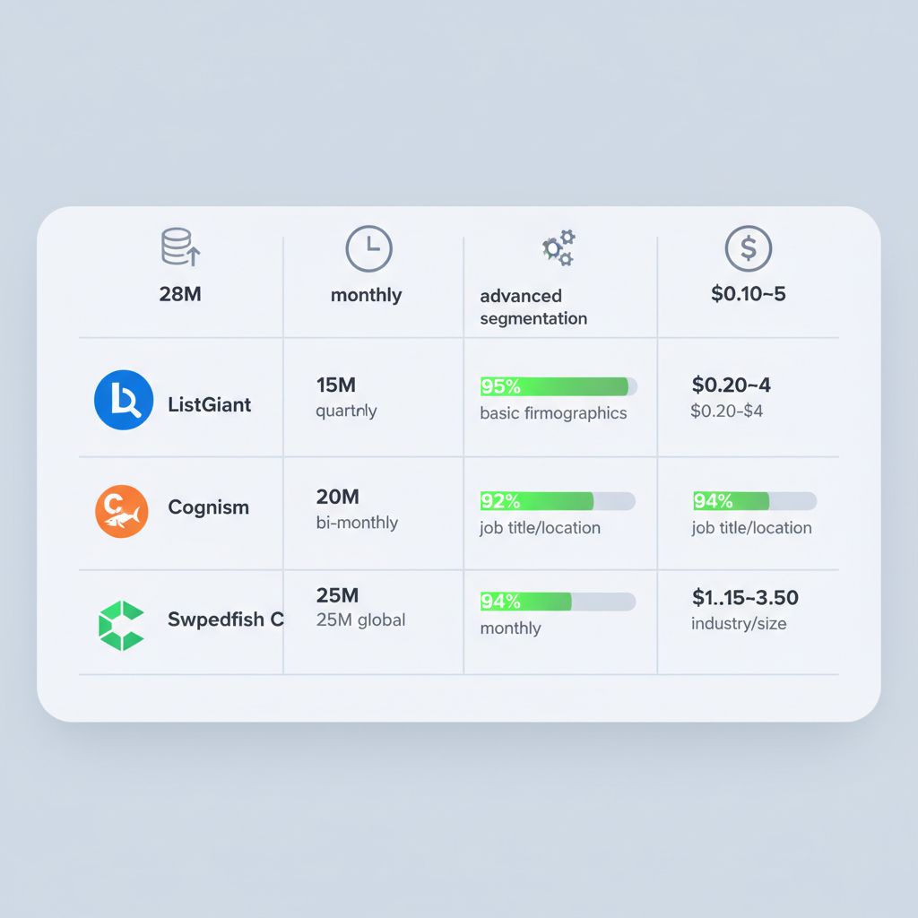 Infographic table comparing key metrics of top B2B sales lead databases including database size, updates, accuracy, segmentation, and pricing for ListGiant, Cognism, Swordfish, and Competitor C