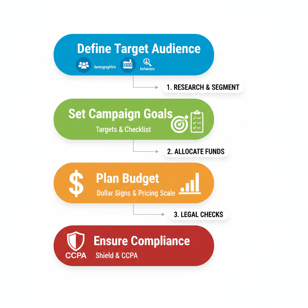 Vertical process flow diagram showing four preparation steps for purchasing sales mailing lists: define audience, set goals, plan budget, ensure compliance.