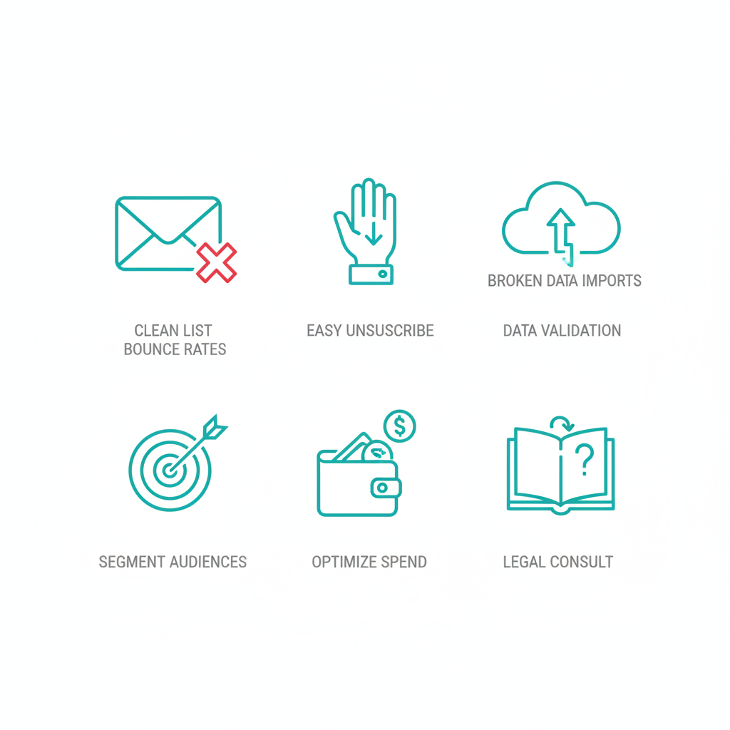 Grid of six icons showing common mailing list issues and their solutions