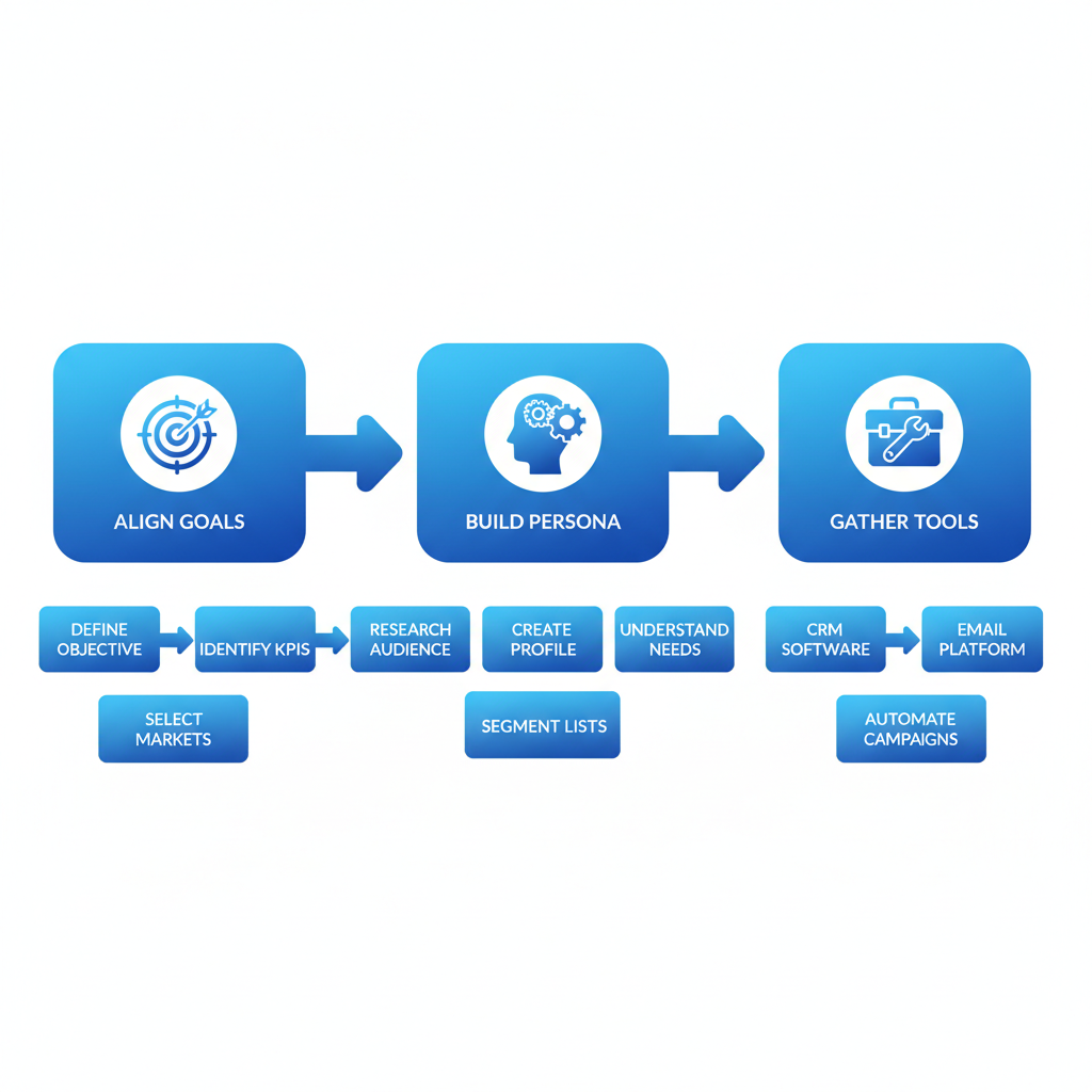 Horizontal process flow diagram illustrating three preparation steps for targeted lead generation: aligning business goals, building buyer personas, and gathering essential tools.