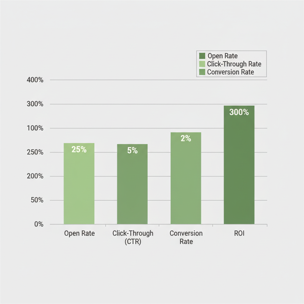 Bar chart displaying KPIs for targeted business leads campaigns including open rate, click-through rate, conversion rate, and ROI