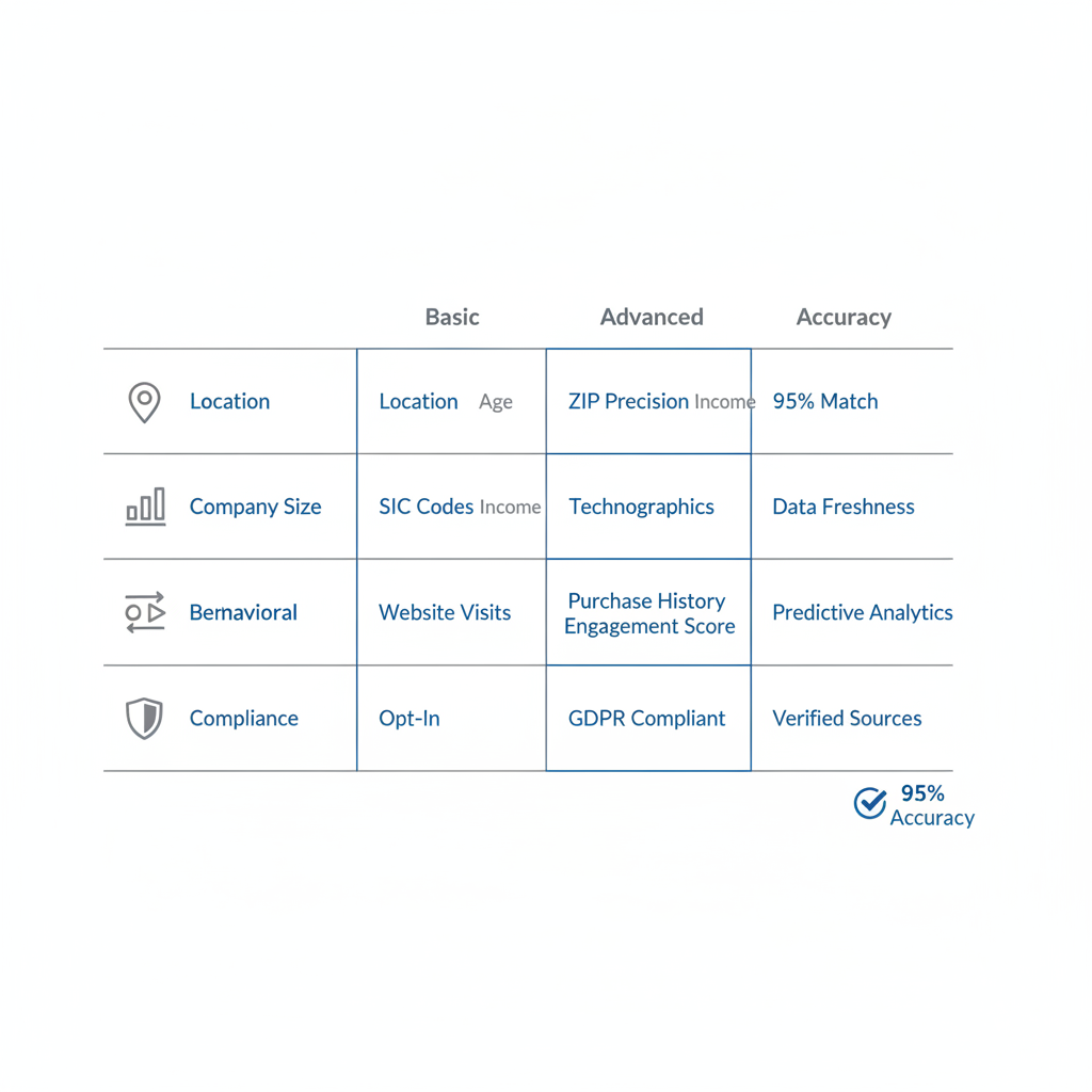 Infographic comparing basic and advanced business list targeting criteria across demographic, firmographic, behavioral, and compliance categories with support features.