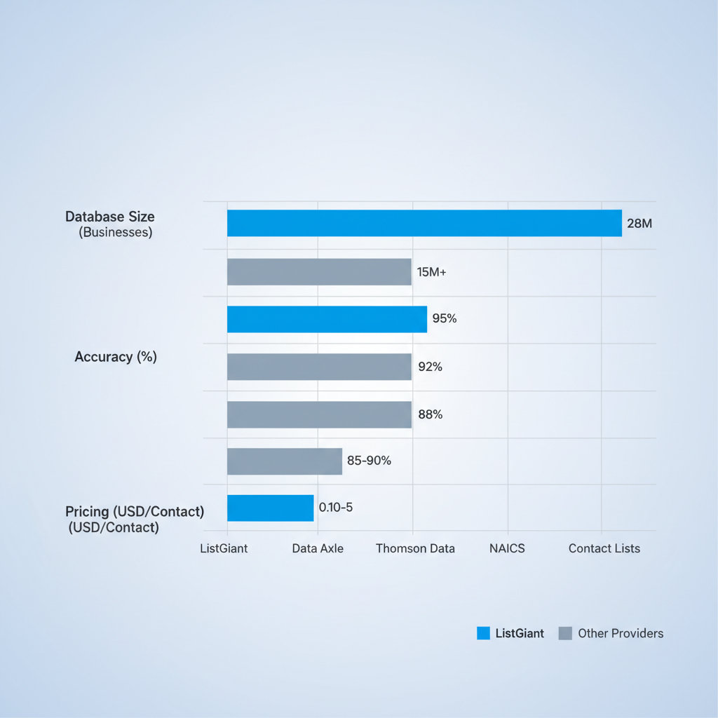 Horizontal bar chart comparing list providers by database size, accuracy, and pricing range