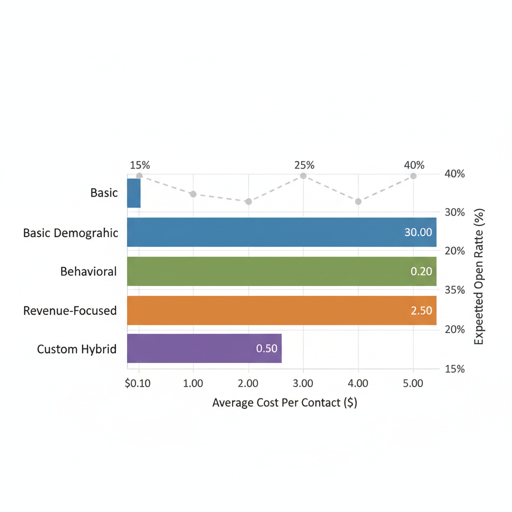 Horizontal bar chart comparing costs and open rates for B2B email targeting options like demographic, behavioral, revenue-focused, and hybrid.