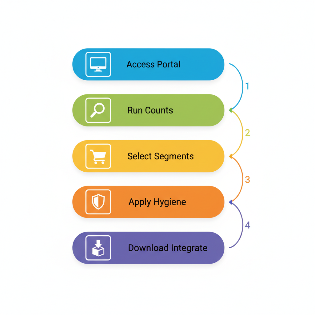 Vertical process flow diagram illustrating five steps for acquiring and deploying targeted email marketing lists