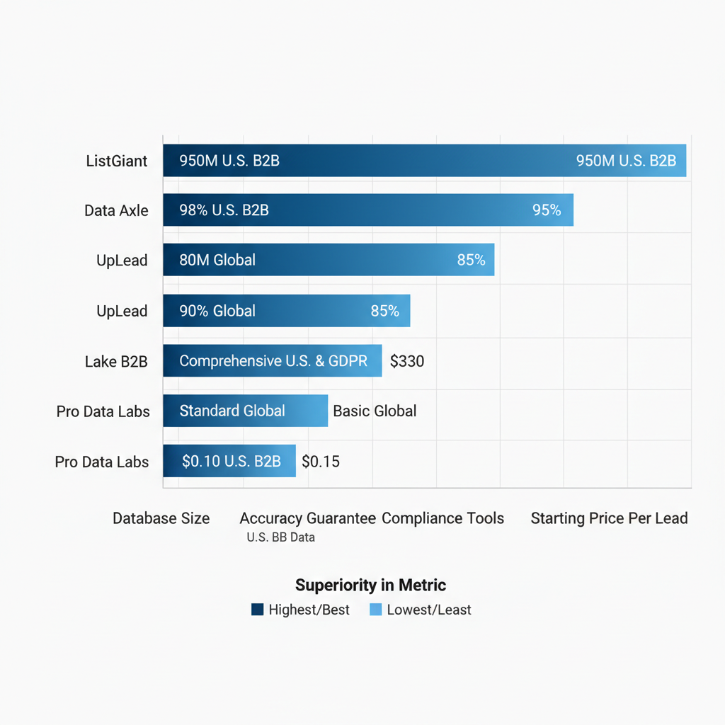 Horizontal bar chart comparing email list providers on database size, accuracy, compliance, and price per lead