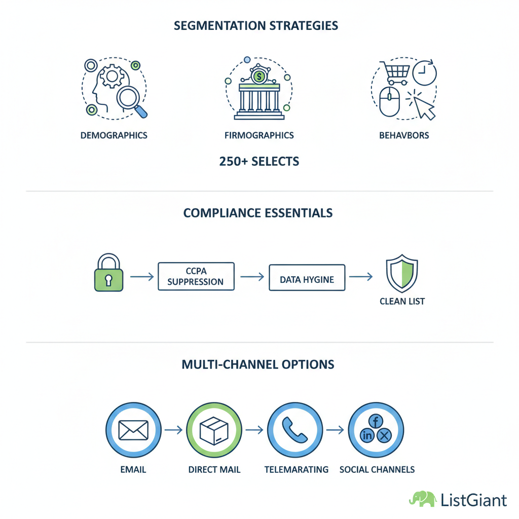 Infographic depicting advanced targeting in email lead acquisition with segmentation, compliance, and multi-channel icons