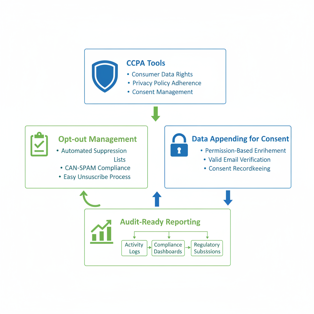 Infographic showing compliance tools for email leads including CCPA, opt-out management, data appending, and audit reporting with icons and connections.
