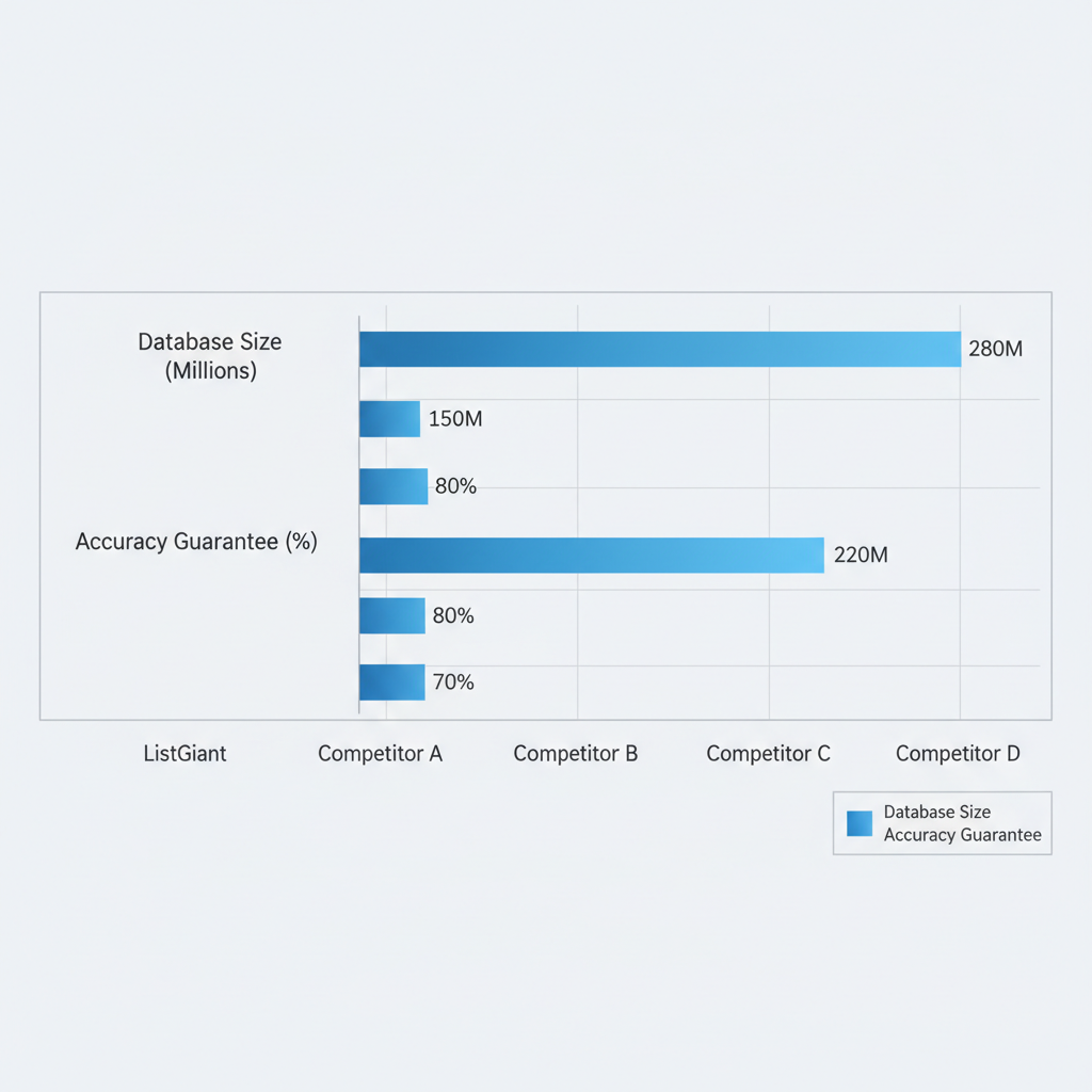 Horizontal bar chart comparing database sizes and accuracy guarantees of top mailing list providers including ListGiant