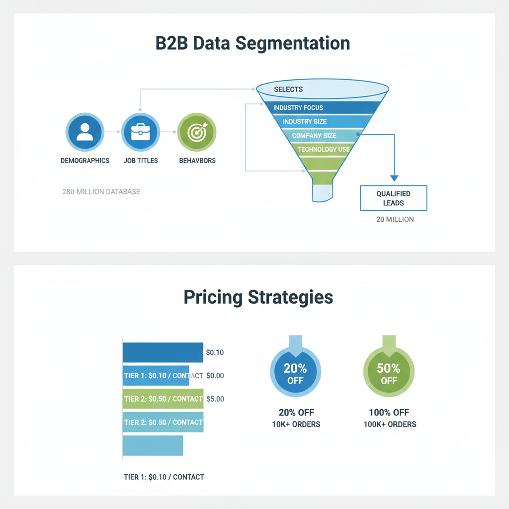 Infographic showing segmentation icons and flowchart from 280 million database, plus pricing tier bars with discounts for B2B marketing lists