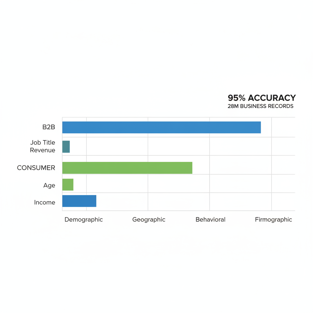 Horizontal bar chart comparing B2B and consumer lead segmentation criteria including demographic, geographic, behavioral, and firmographic factors with accuracy metrics.