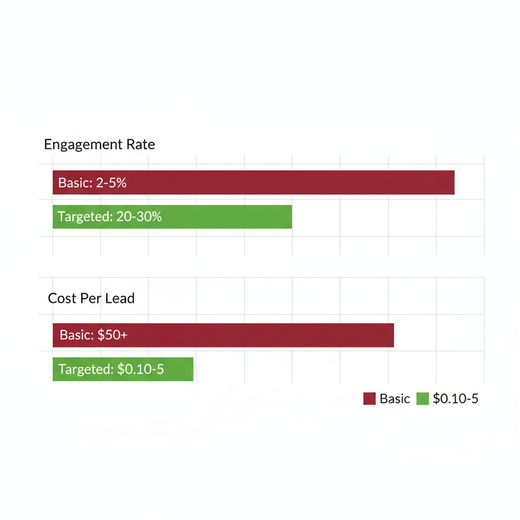 Horizontal bar chart comparing engagement rates and cost per lead for basic versus targeted email lists
