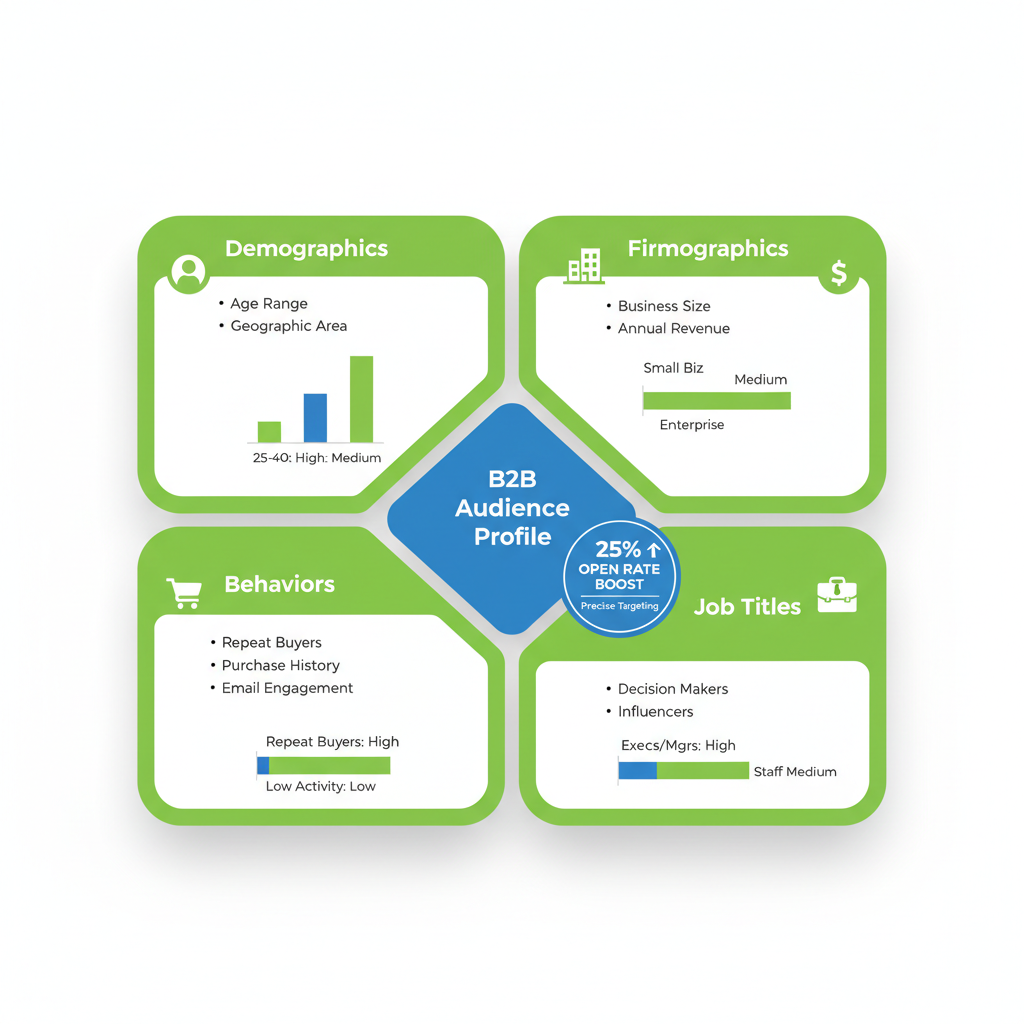 Infographic illustrating demographics, firmographics, behaviors, and job titles for B2B email audience segmentation with icons and bar charts