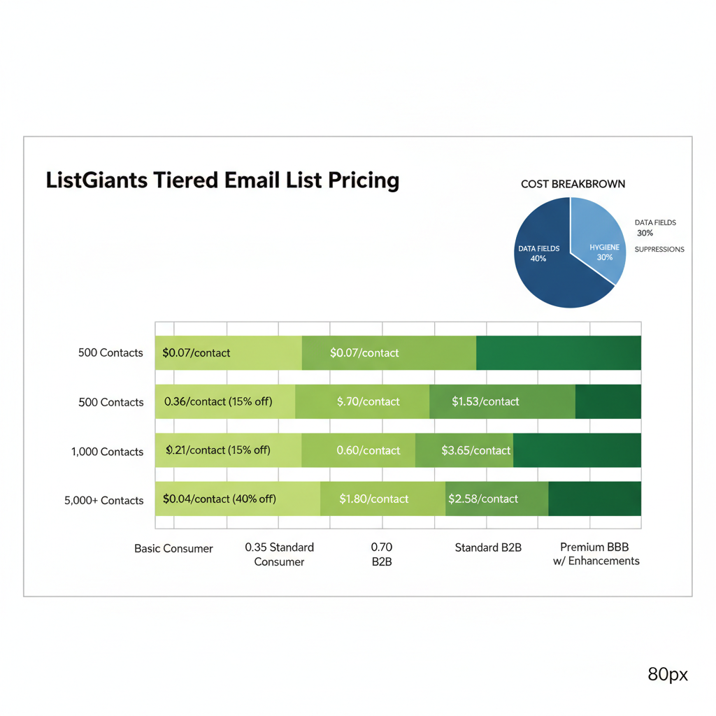 Horizontal bar chart of ListGiant email list pricing tiers by contact volume, with inset pie chart for cost breakdown