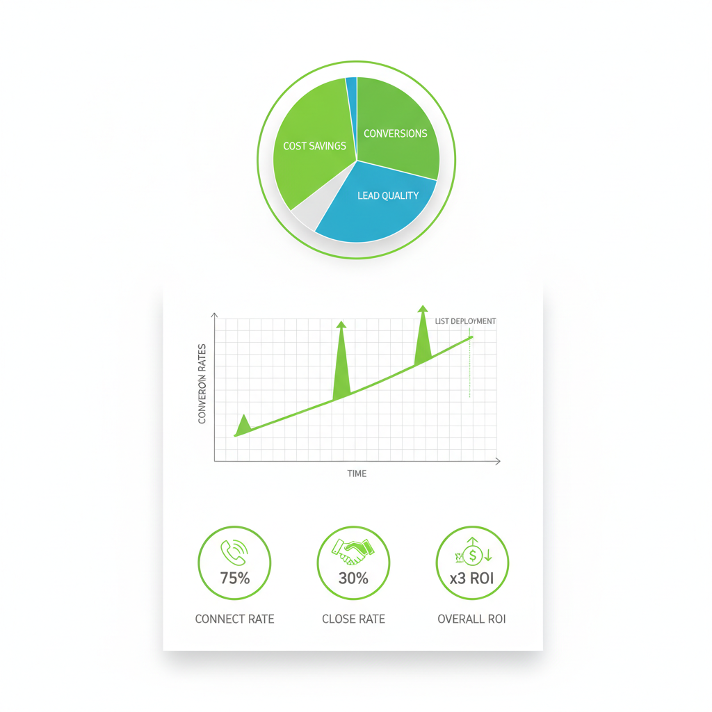 Infographic illustrating ROI measurement in telemarketing campaigns with pie chart, line graph, and key metrics icons.
