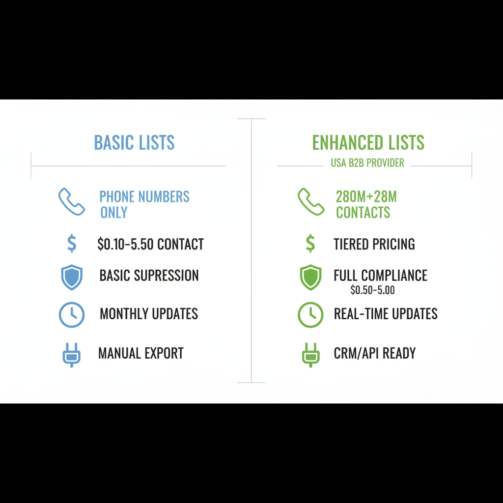 Infographic comparing basic and enhanced telemarketing lists with icons for features and pricing