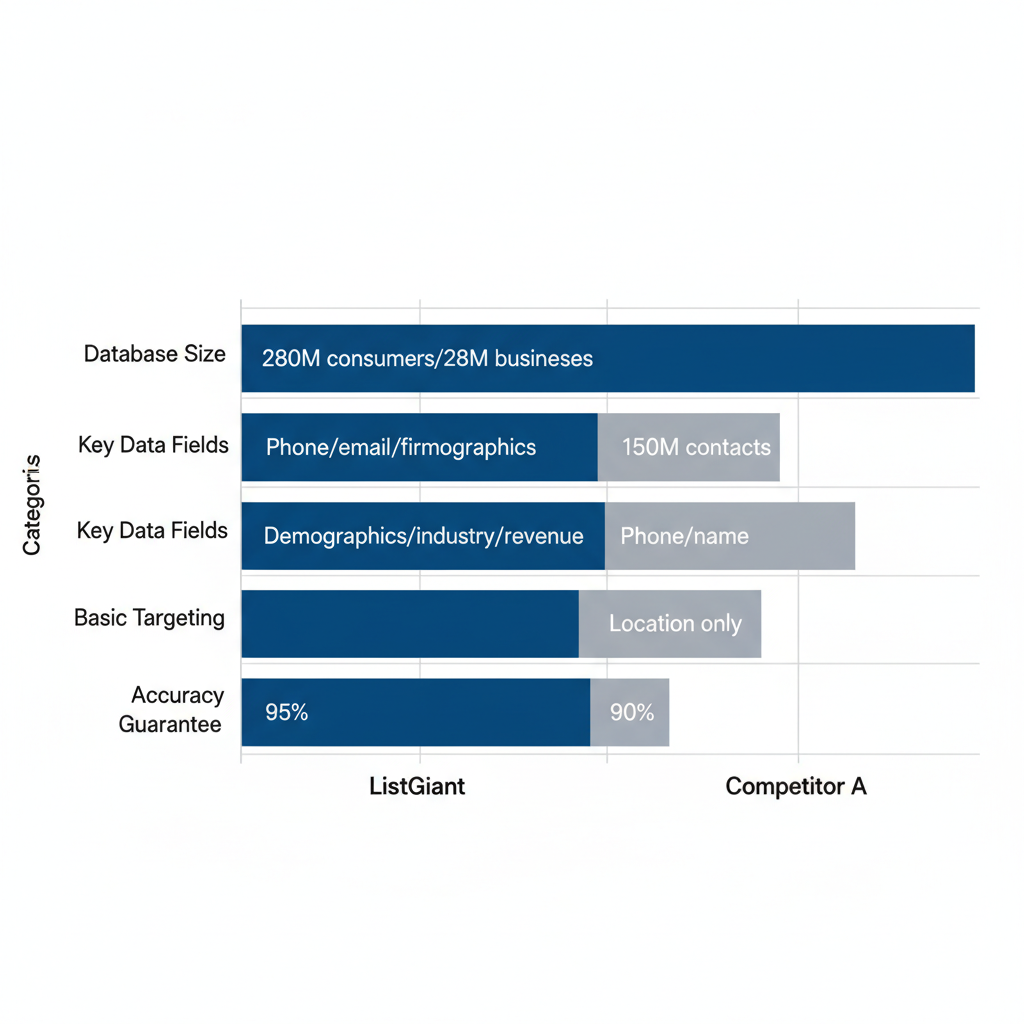 Horizontal bar chart comparing telemarketing list features of ListGiant and Competitor A including database size, data fields, targeting, and accuracy