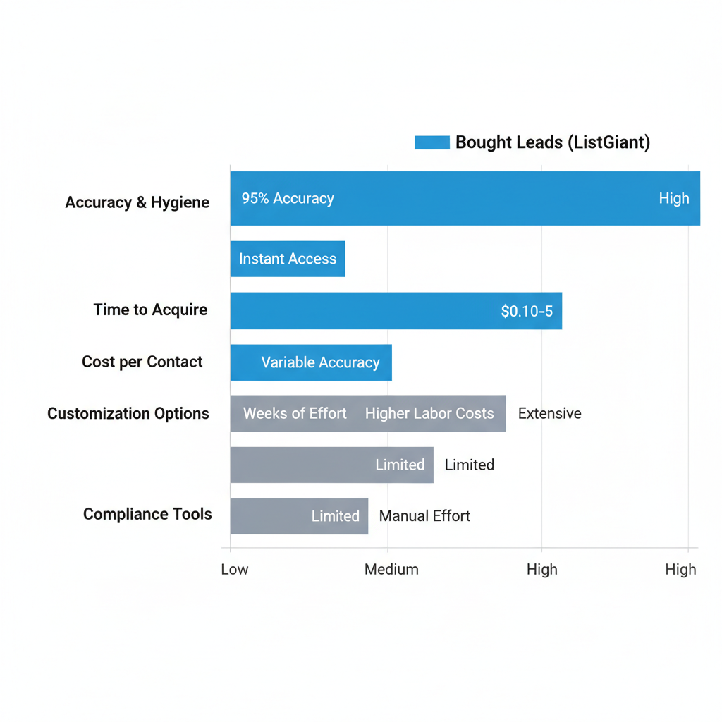 Horizontal bar chart comparing bought telemarketing leads from ListGiant to self-generated leads on accuracy, time, cost, customization, and compliance