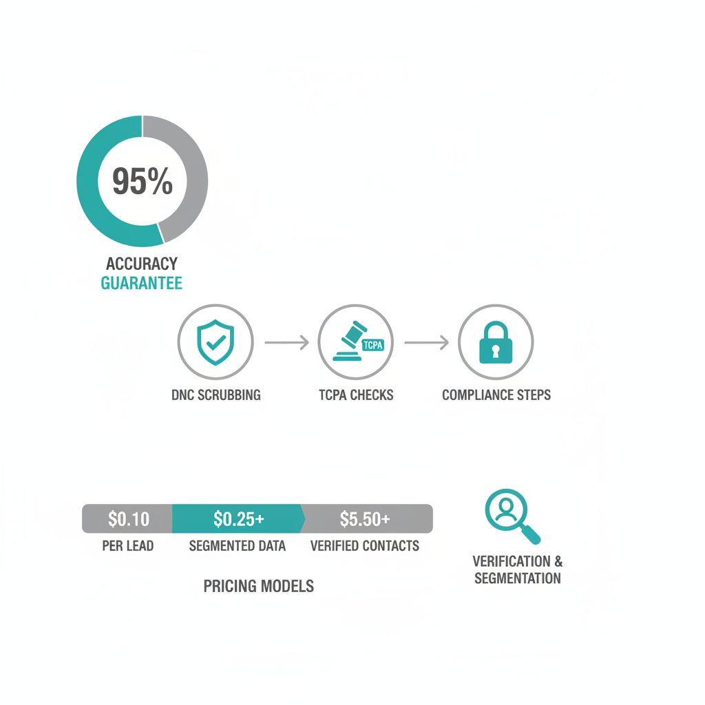 Infographic evaluating telemarketing providers on accuracy, compliance, segmentation, and costs with pie chart, flowchart, and bar graph