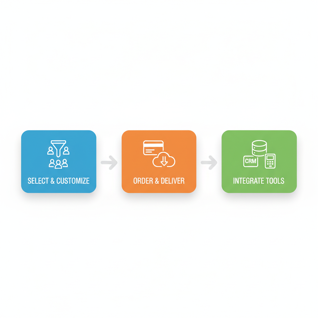 Horizontal process flow diagram illustrating the three stages of acquiring telemarketing lists: selection, ordering, and integration.