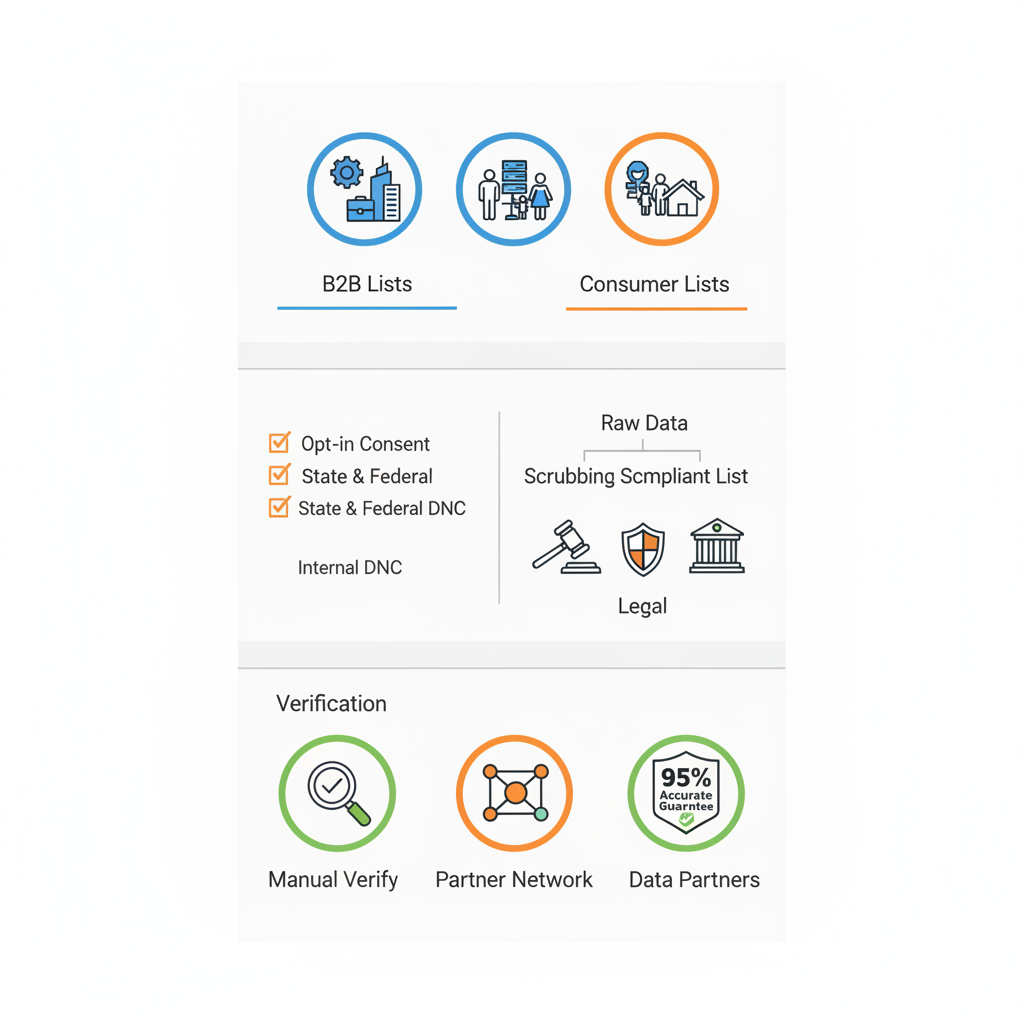 Infographic depicting types of phone lists, DNC compliance rules, and data accuracy for telemarketing.