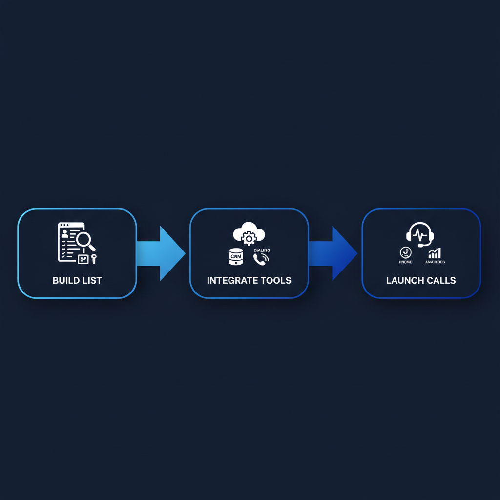 Horizontal process flow diagram illustrating three steps for deploying telemarketing campaigns: building and ordering lists, integrating with outreach tools, and launching and monitoring calls.