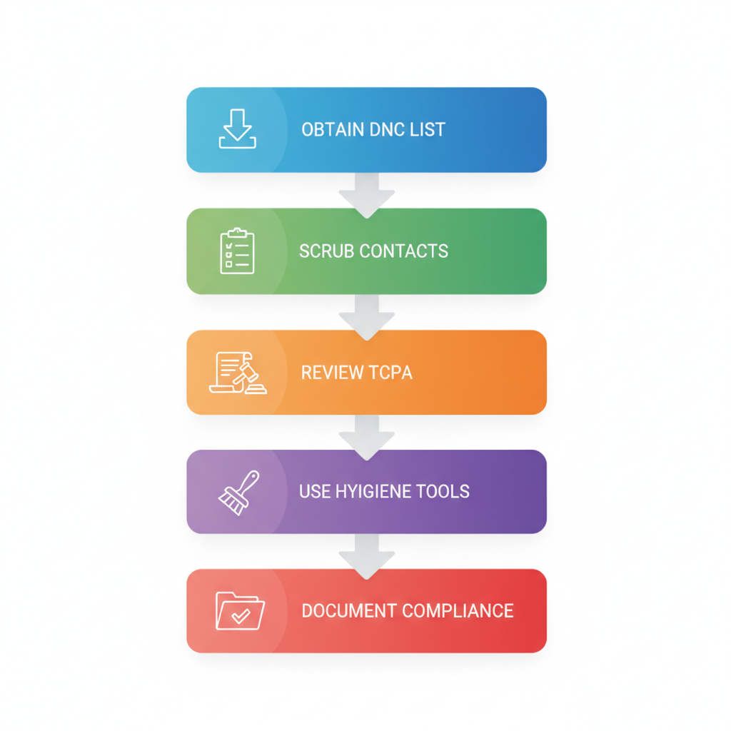 Vertical process flow diagram illustrating steps for ensuring DNC and legal compliance in telemarketing