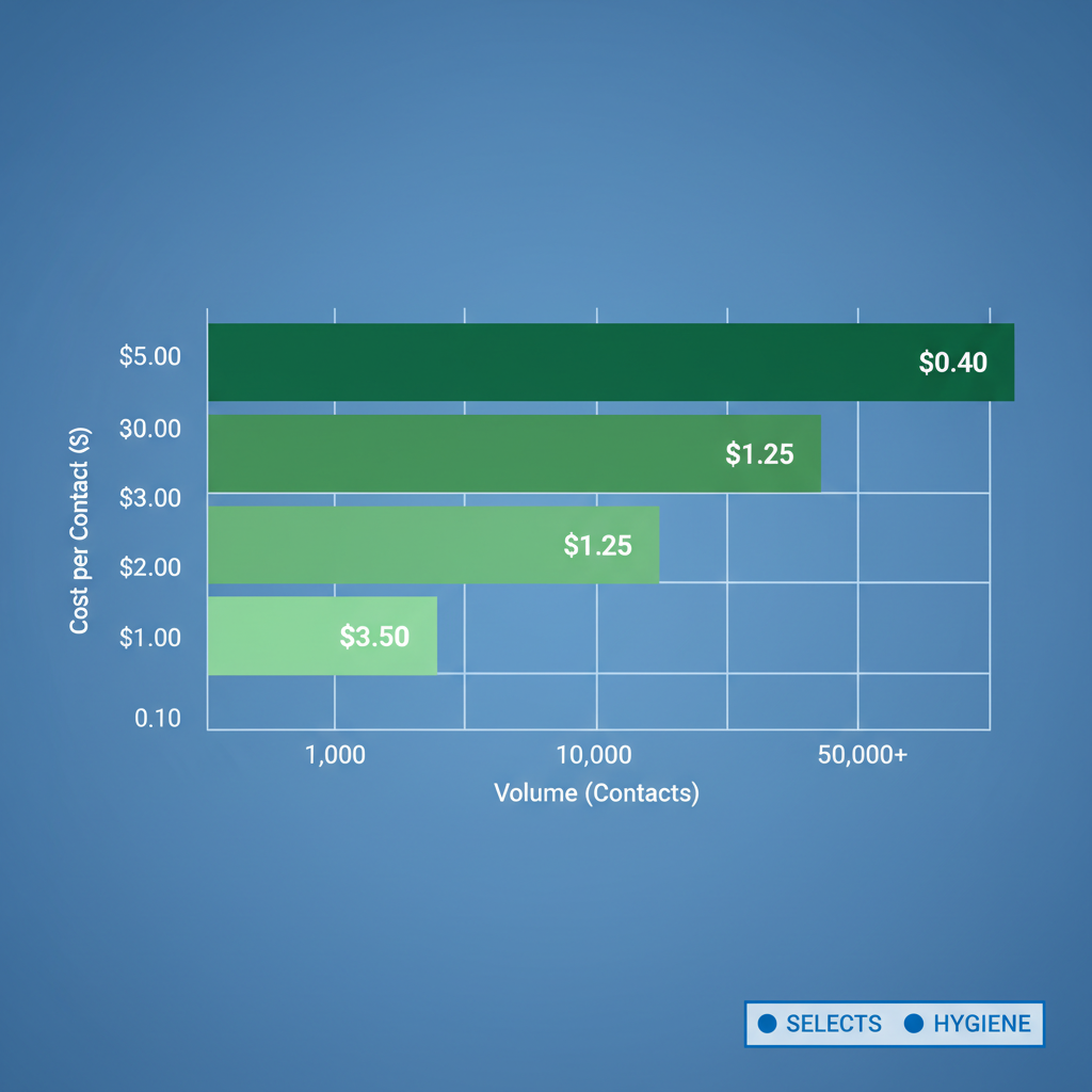 Horizontal bar chart of telemarketing phone list pricing tiers by volume, showing costs from $0.10 to $5.00 per contact