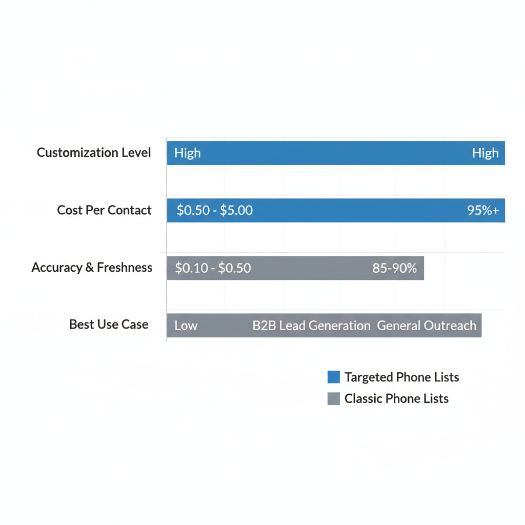 Horizontal bar chart comparing targeted and classic phone lists by customization level, cost per contact, accuracy and freshness, and best use case