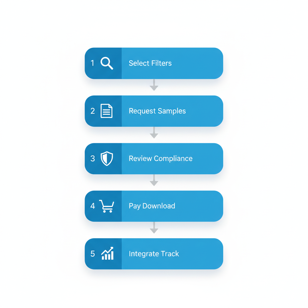 Vertical flowchart depicting five steps for purchasing and deploying phone lists in telemarketing campaigns: selecting filters, requesting samples, reviewing compliance, paying and downloading, integrating and tracking ROI.